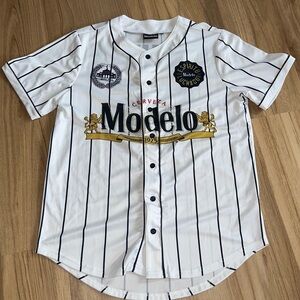 Modelo Cerveza Baseball Jersey Men’s Medium White Pinstripe Button-Up NWT